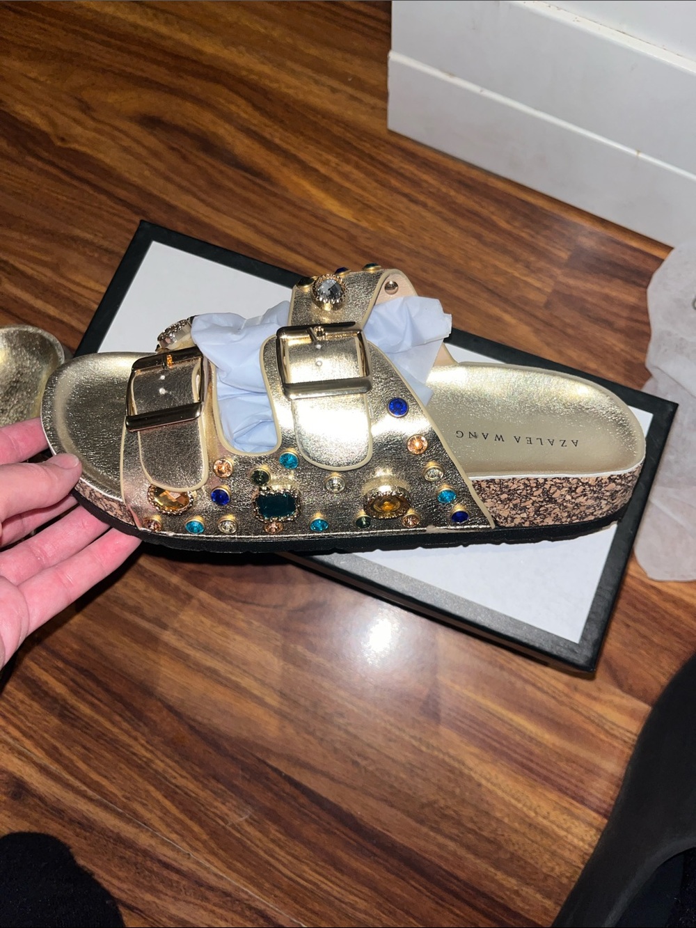 AZALEA WANG Gold Jeweled Buckle Cork Slide Sandals. Size 8.